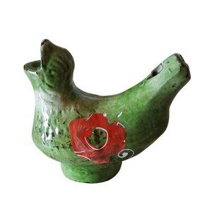 Vintage Green Hand painted Ceramic Bird Whistle Design With Red Floral Design